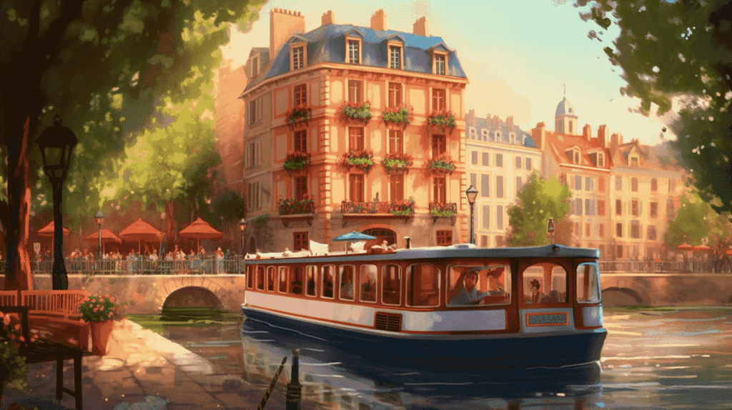 Afbeelding met boot die over een kanaal vaart