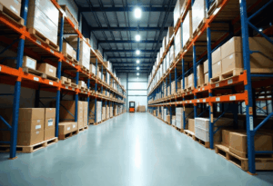 Een groot magzijn met aan 2 kanten rekken 