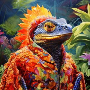 Kleurige leguaan met oranje kam en bloemenjas in tropisch oerwoud