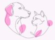 Minimalistische lijntekening van hond en kat met roze accenten