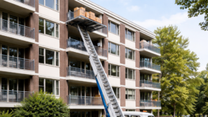 Verhuislift bij appartementencomplex voor transport van meubels naar hoger balkon