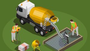 Illustratie van beton storten met mixerwagen en wapening bij uitleg over betonvloer en cementvloer verschil