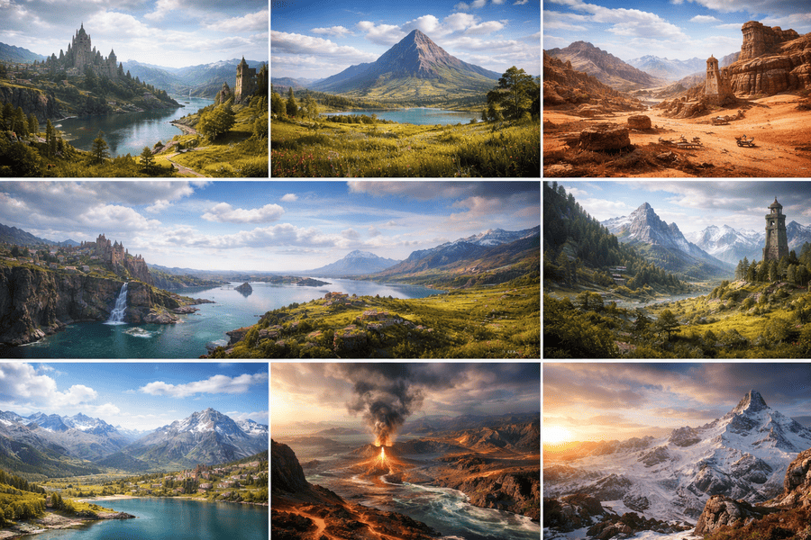 open world game verschillende landschappen