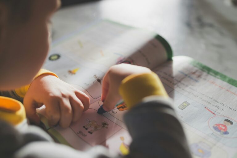 Kind wijst naar afbeeldingen in leerboek, illustratie van visueel en verbaal leren in de praktijk