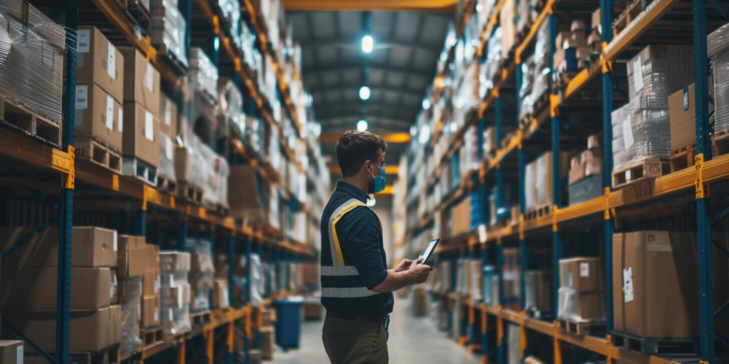 Magazijnmedewerker magazijnmedewerker in Limburg controleert voorraad in groot magazijn met digitale ondersteuning