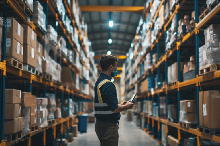 magazijnmedewerker in Limburg controleert voorraad in groot magazijn met digitale ondersteuning