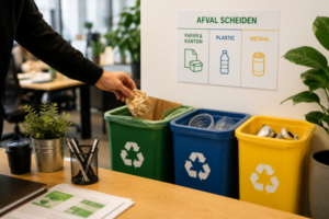 Medewerker scheidt afval in een moderne kantoorruimte met aparte recyclebakken voor papier, plastic en metaal