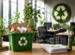 Moderne kantoorruimte met recyclebak voor papier en karton, groene planten en duurzame werkomgeving gericht op afvalscheiding en recycling