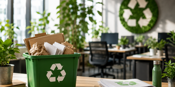Moderne kantoorruimte met recyclebak voor papier en karton, groene planten en duurzame werkomgeving gericht op afvalscheiding en recycling