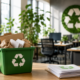 Moderne kantoorruimte met recyclebak voor papier en karton, groene planten en duurzame werkomgeving gericht op afvalscheiding en recycling