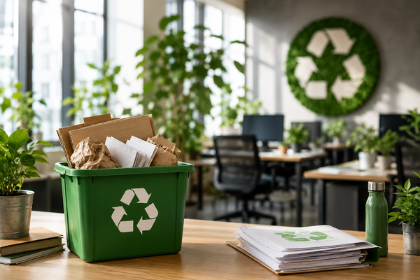 Moderne kantoorruimte met recyclebak voor papier en karton, groene planten en duurzame werkomgeving gericht op afvalscheiding en recycling. Moderne kantoorruimte met recyclebak voor papier en karton, groene planten en duurzame werkomgeving gericht op afvalscheiding en recycling