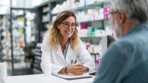 Apotheker geeft uitleg aan patiënt over receptplichtige middelen tijdens een persoonlijk adviesgesprek.