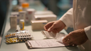 Apotheker controleert documenten en receptplichtige middelen voordat medicatie wordt verstrekt.