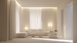 Moderne woonkamer met diffuus licht dat een zachte, gelijkmatige en rustige sfeer creëert.