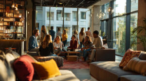 Reizigers ontmoeten elkaar in een gezamenlijke lounge, een kenmerkend verschil tussen een hostel en hotel.