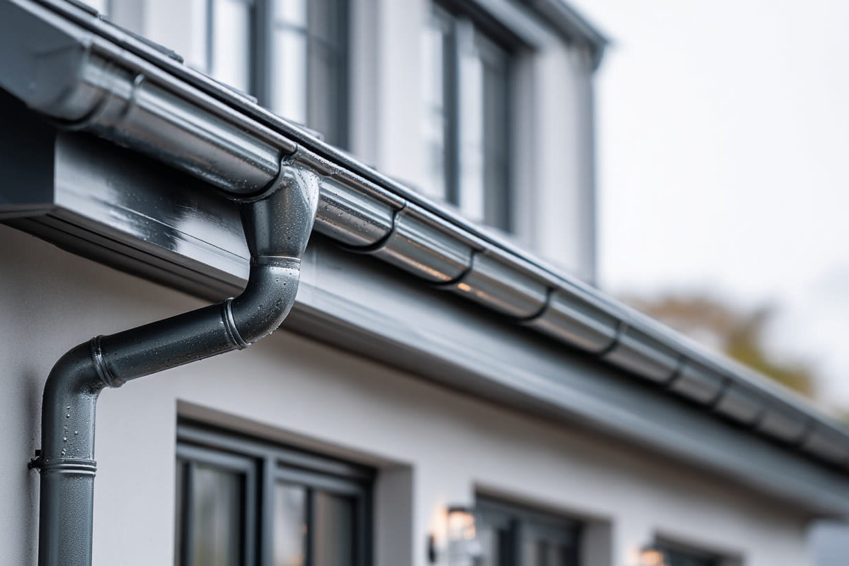 Woning met een Zinken regenpijp 80mm en zinken dakgoot voor een duurzame regenwaterafvoer.