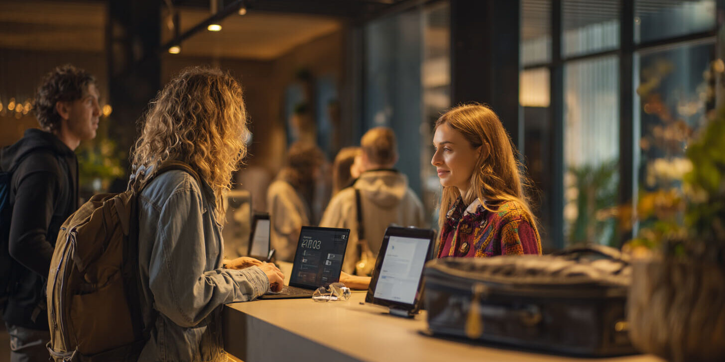 Gasten checken in bij een accommodatie en vergelijken het verschil tussen een hostel en hotel.