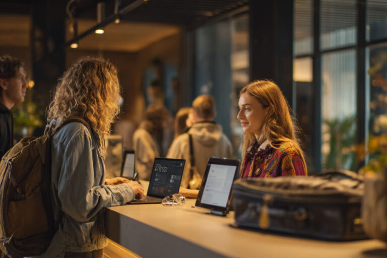 Gasten checken in bij een accommodatie en vergelijken het verschil tussen een hostel en hotel.