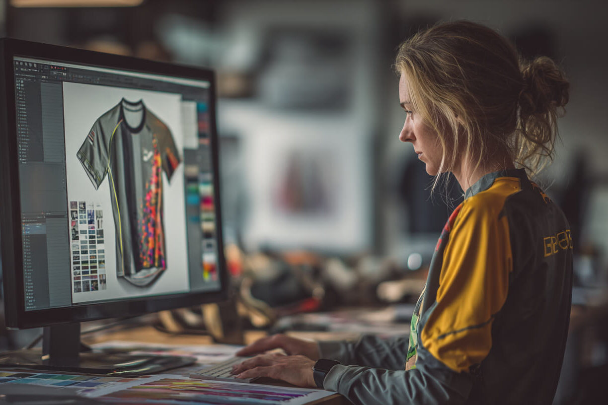 Ontwerper werkt aan voetbalshirts ontwerpen voor een teamshirt met unieke kleuren en patronen.