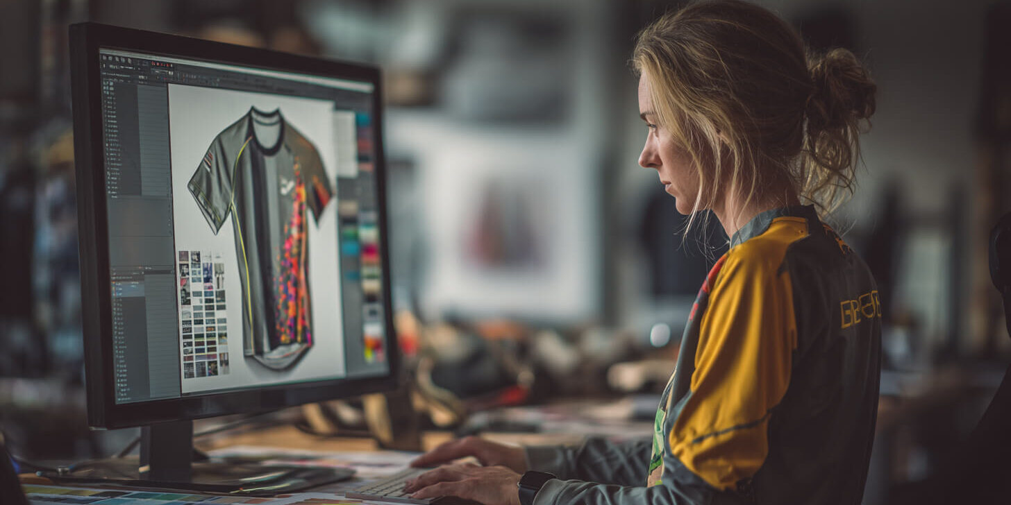 Ontwerper werkt aan voetbalshirts ontwerpen voor een teamshirt met unieke kleuren en patronen.
