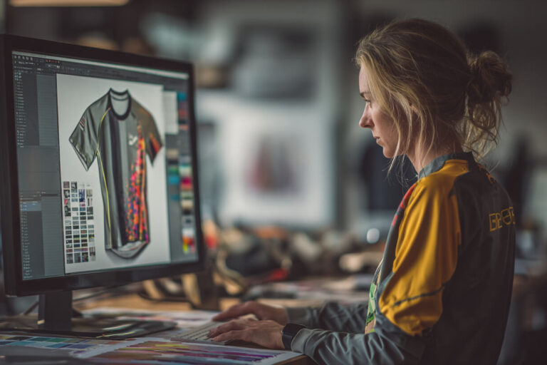 Ontwerper werkt aan voetbalshirts ontwerpen voor een teamshirt met unieke kleuren en patronen.