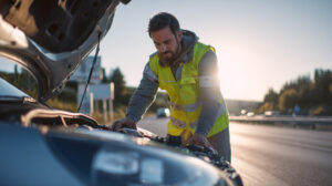 Monteur voert pechhulp uit aan een stilstaande auto voordat voertuigberging nodig is.