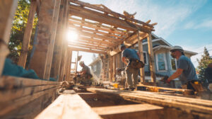 Bouwteam werkt aan een aanbouw Sittard tijdens de constructiefase van een woninguitbreiding.