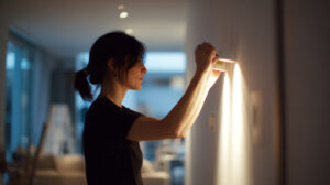 Persoon stelt wandverlichting af om diffuus licht gelijkmatig door de ruimte te verspreiden.