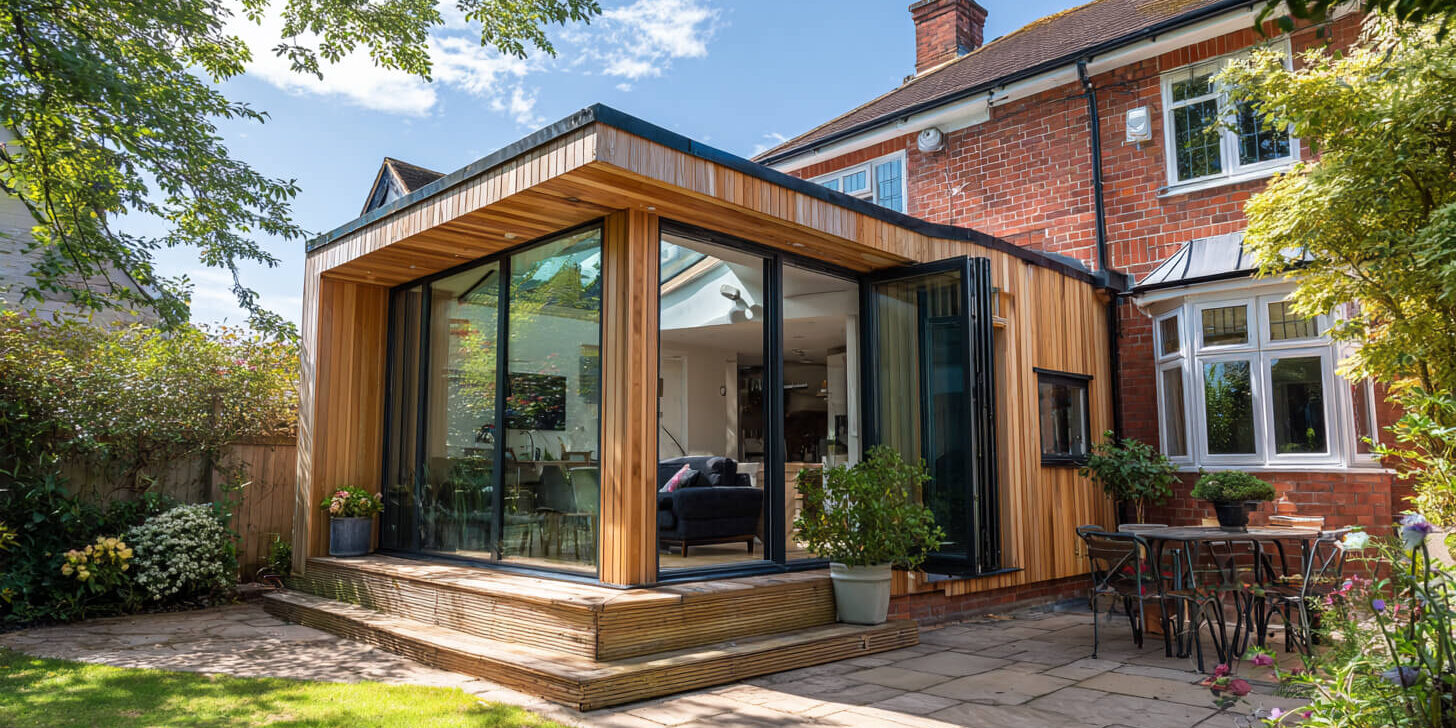 uitbouw aan huis Moderne aanbouw aan een woning met grote glaspartijen en extra leefruimte in de achtertuin.
