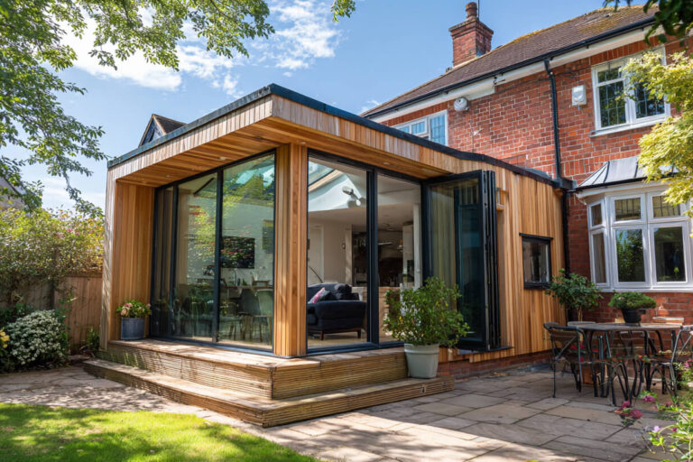 Moderne aanbouw aan een woning met grote glaspartijen en extra leefruimte in de achtertuin.