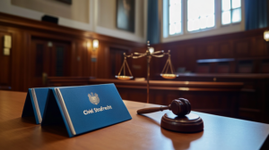 Rechtszaal met rechtershamer en weegschaal bij een dossier over civiel recht en strafrecht.