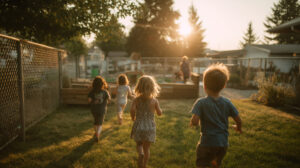 Kinderen van verschillende leeftijden rennen samen buiten over het gras tijdens het buitenspelen op de opvang