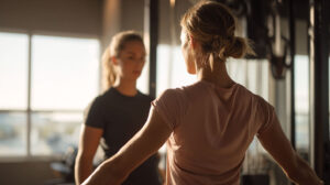 Personal trainer begeleidt een vrouw tijdens een individuele krachtoefening in een lichte fitnessstudio.