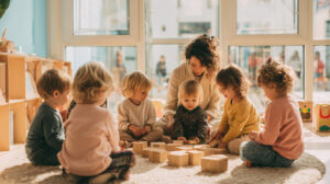 Pedagogisch medewerker begeleidt een gemengde groep peuters en dreumesen tijdens het spelen met houten blokken in de kinderopvang