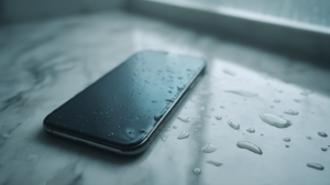 Natte smartphone met waterdruppels op het scherm ligt op een marmeren aanrecht, wijzend op waterschade