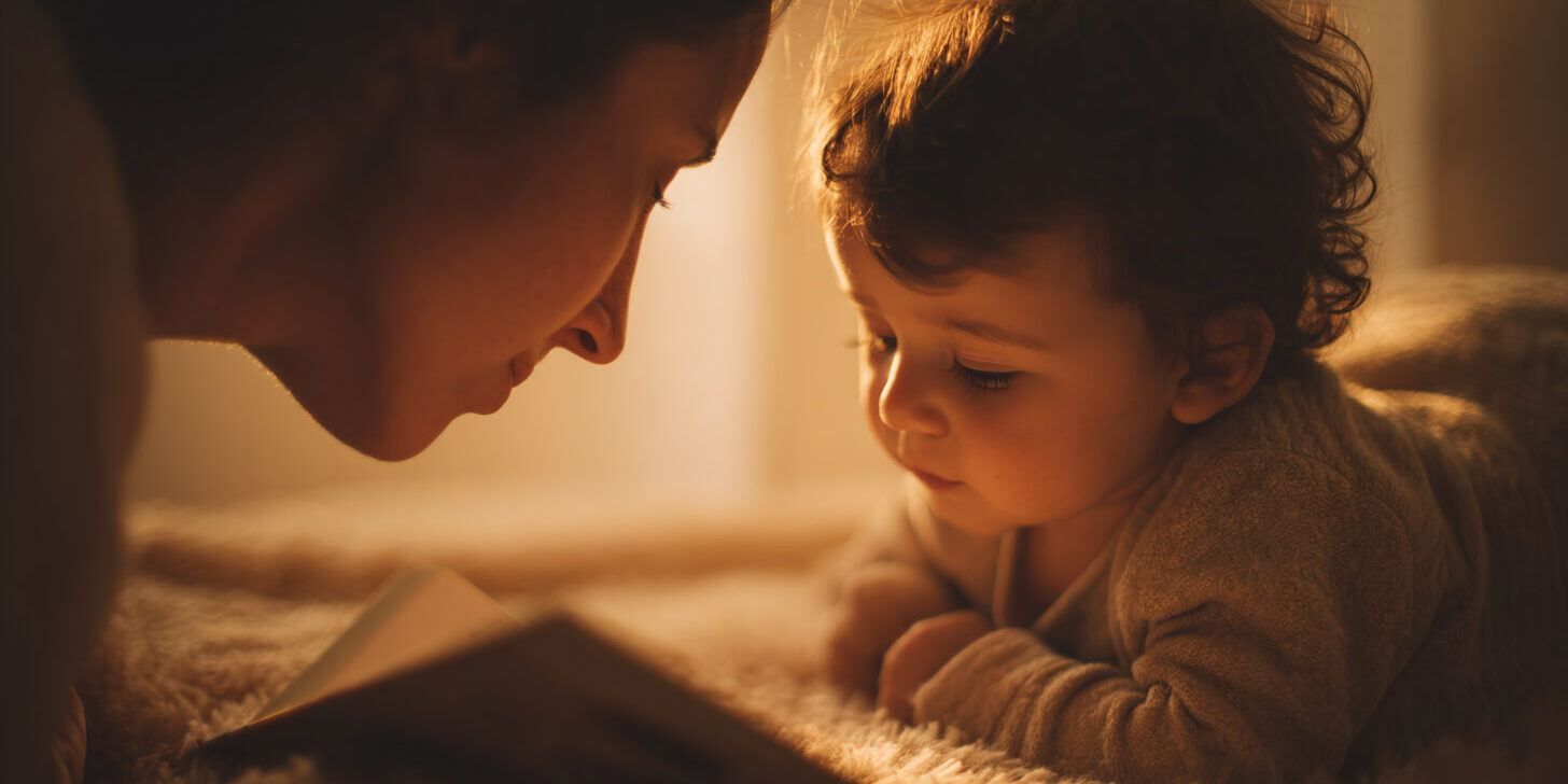 Ouder leest voor uit een boekje aan een baby tijdens een rustig moment vol aandacht en nabijheid