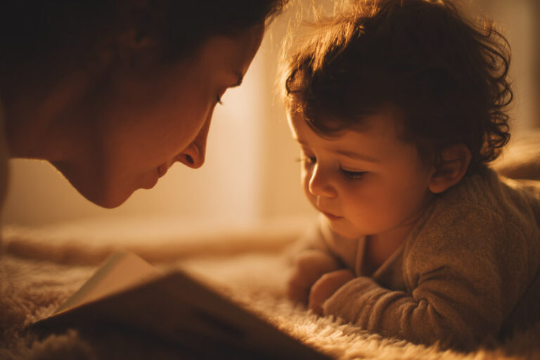 Vrouw leest voor Ouder leest voor uit een boekje aan een baby tijdens een rustig moment vol aandacht en nabijheid