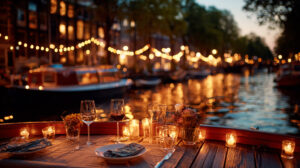 Romantisch gedekte tafel aan boord tijdens een dinner cruise op de gracht, verlicht door kaarslicht en lichtjes in de avondschemering