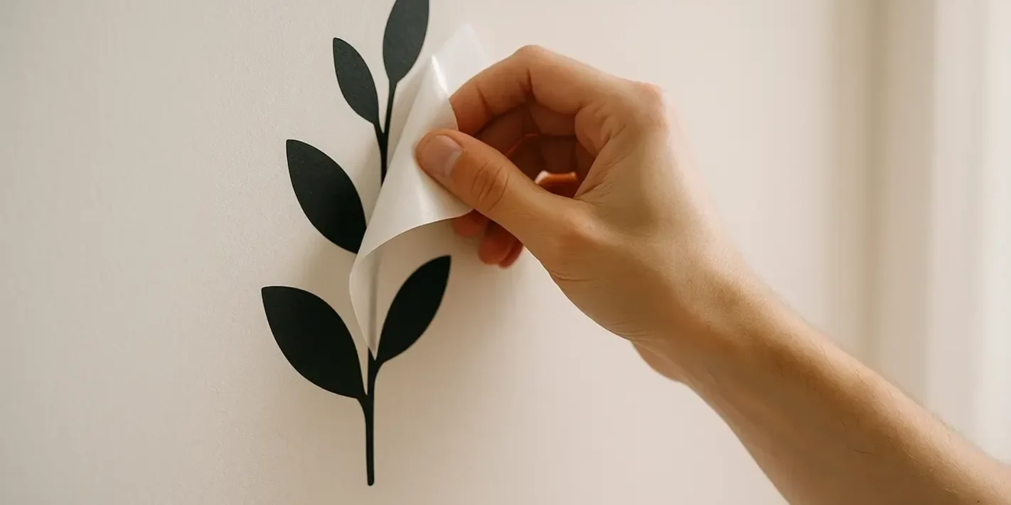 Het verschil tussen een muursticker en behang Hand plakt vinyl muursticker op lichte muur