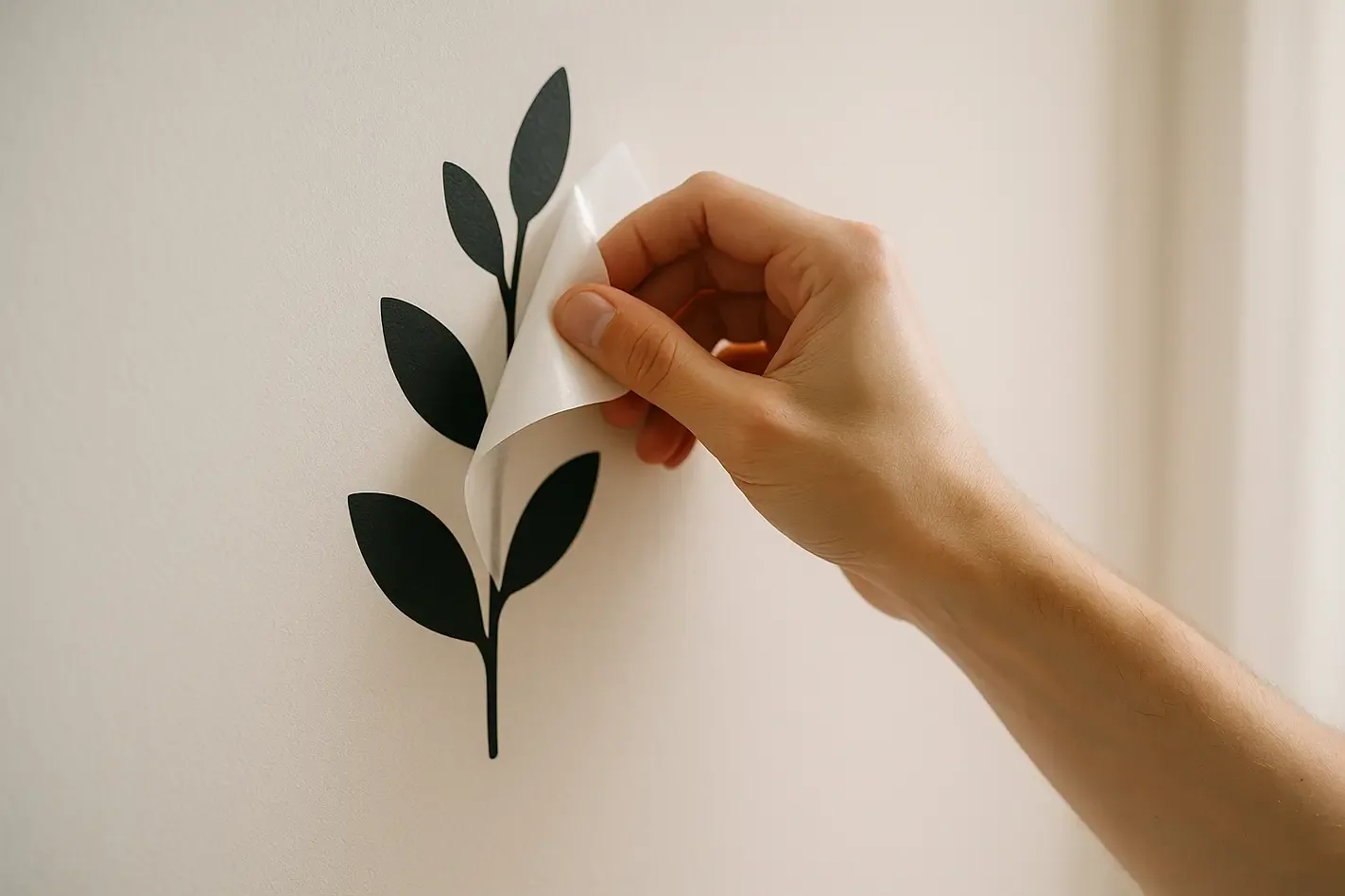 Het verschil tussen een muursticker en behang Hand plakt vinyl muursticker op lichte muur