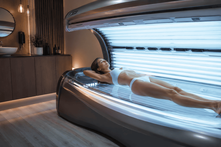 vrouw ligt onder zonnebank vrouw ligt onder zonnebank