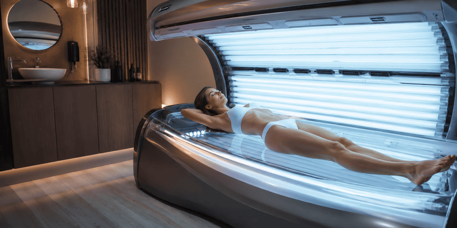 vrouw ligt onder zonnebank vrouw ligt onder zonnebank
