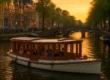 Luxe salonboot vaart door Amsterdamse grachten bij zonsondergang