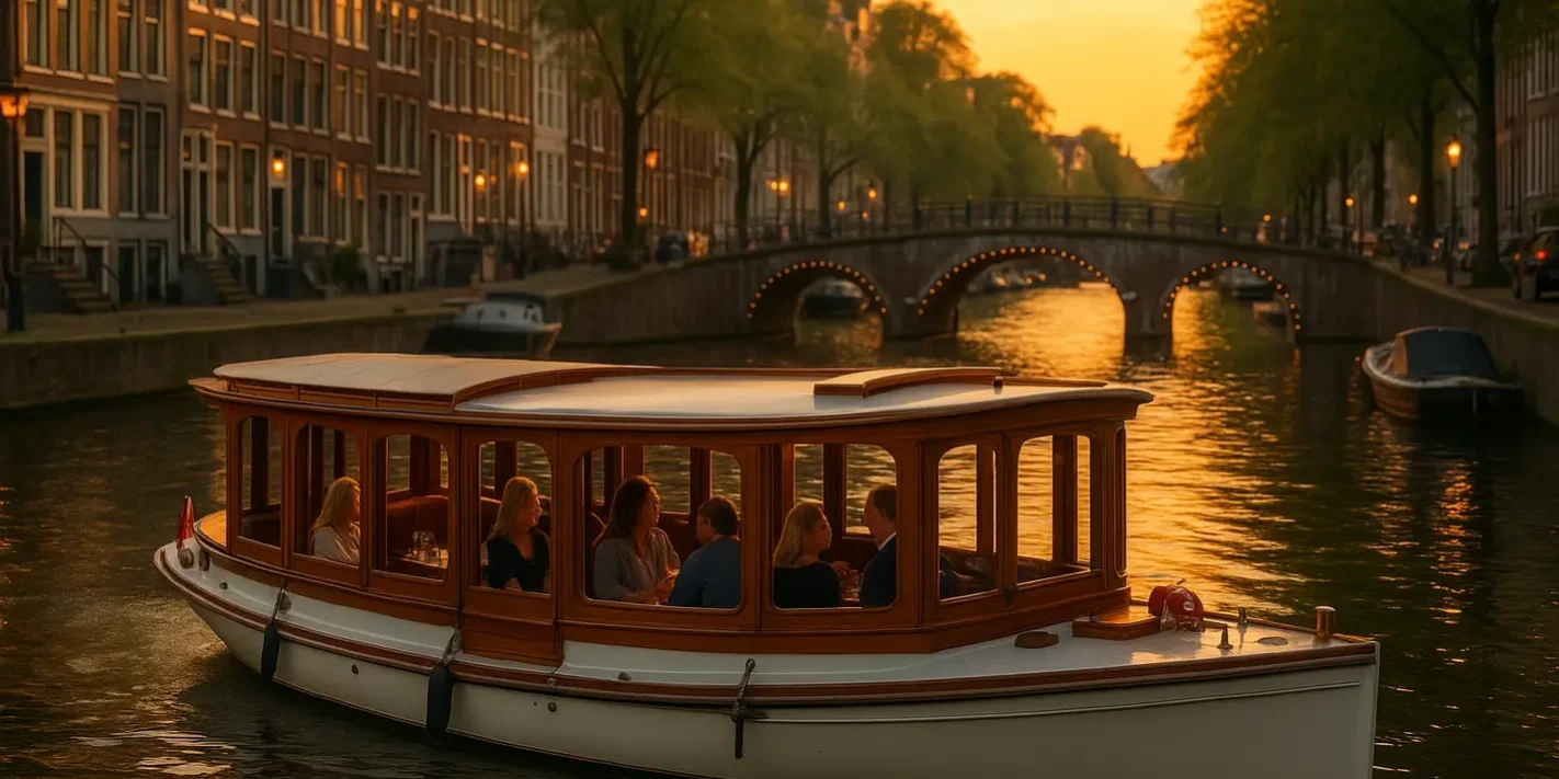 Luxe salonboot vaart door Amsterdamse grachten bij zonsondergang