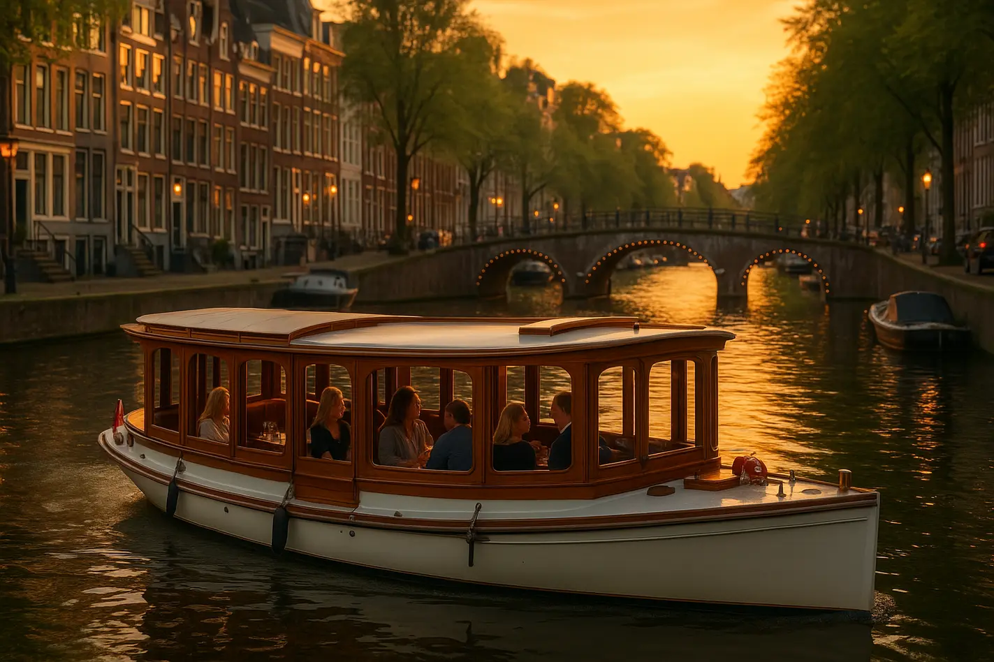 Luxe salonboot vaart door Amsterdamse grachten bij zonsondergang