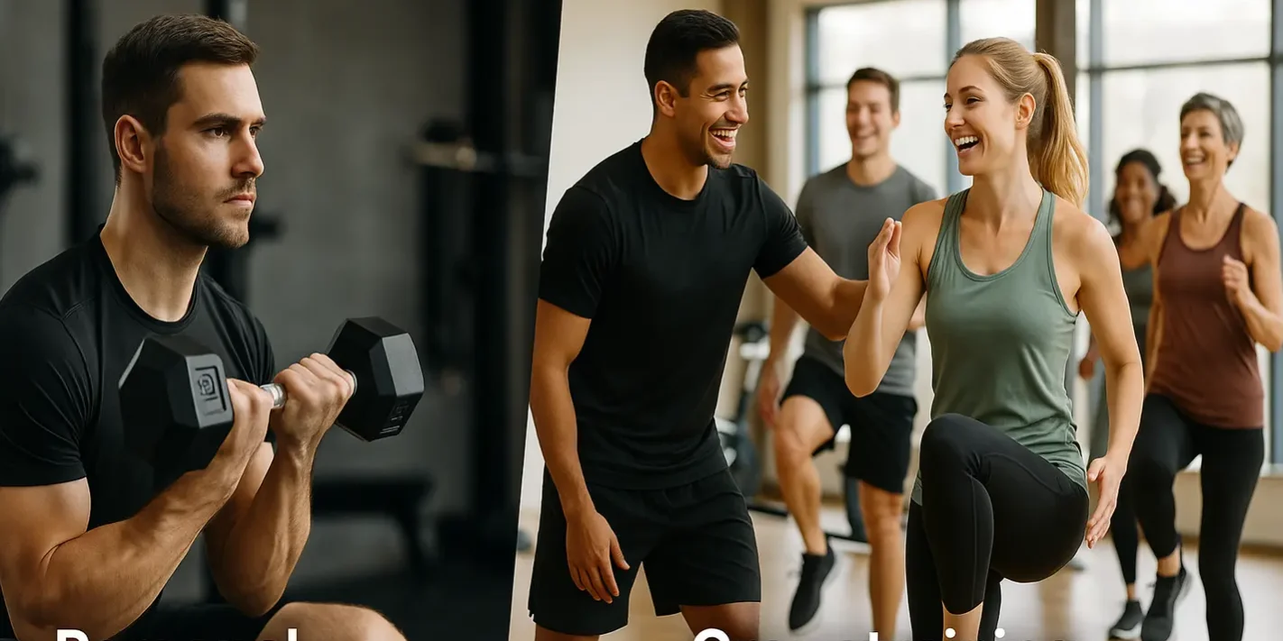 Wat is het verschil tussen personal training en groepstraining? Moderne fitnessstudio met personal training en groepsles naast elkaar