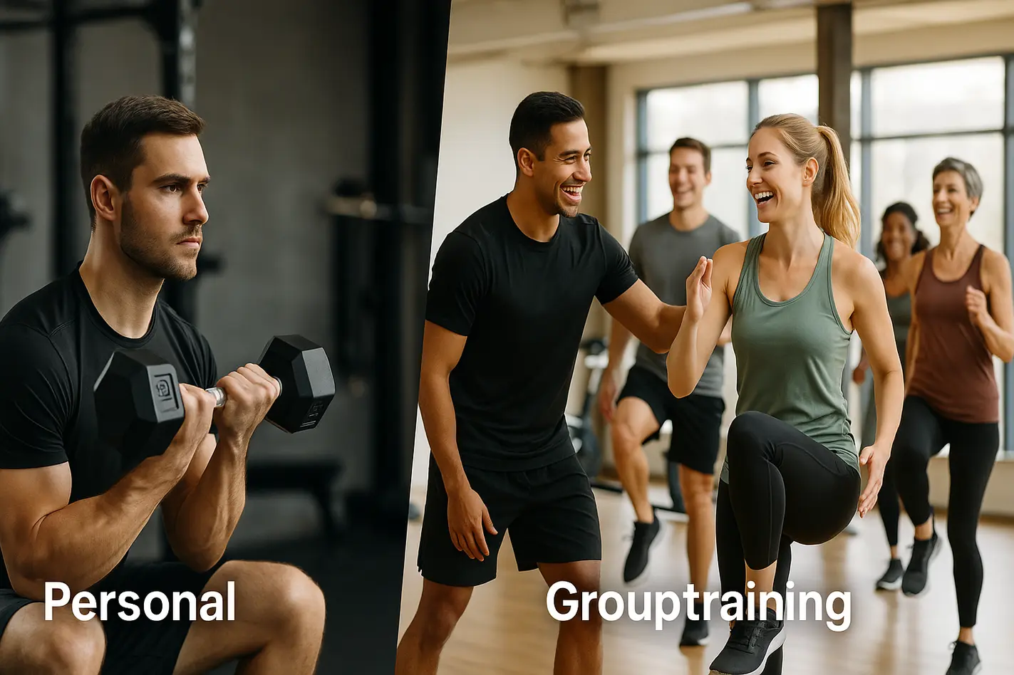 Moderne fitnessstudio met personal training en groepsles naast elkaar