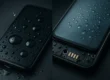 Smartphone met waterdruppels en vochtschade tegen donkere achtergrond