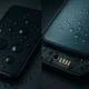 Smartphone met waterdruppels en vochtschade tegen donkere achtergrond