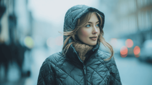 Mevrouw draagt een puffer jas met een capuchon